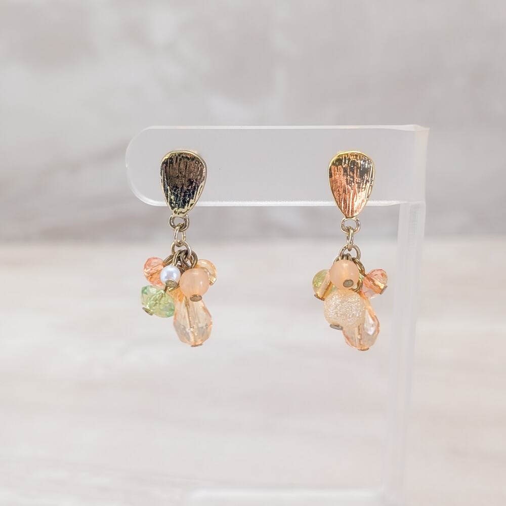 Vintage Clip On Earrings Peach & Green Tone Dangle Drop - Fair Condition
